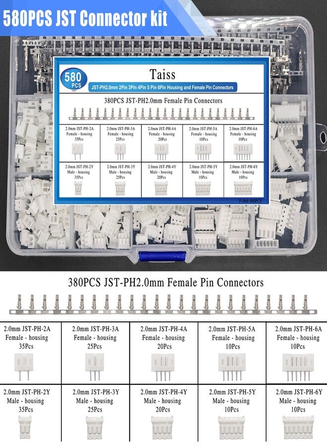 Taiss 580PCS PH2.0mm Connector Kit,560PCS 2.54mm JST-XH Connector,2/3/4/5/6Pin Housing Female/Male Adapter Cable Connector Plug,PH2.0mm/JST-XH 2.54mm Female/Male Pin Head Connectors with Wire Crimper - Image 3