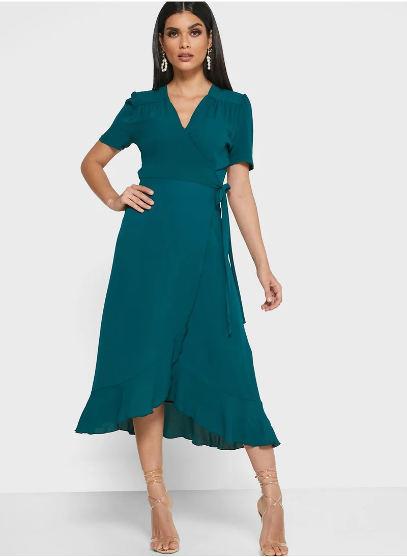 John Zack Ruffle Detail Wrap Dress