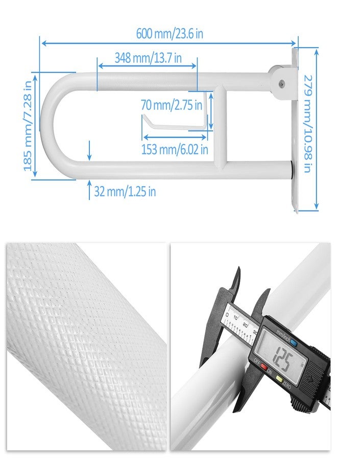 Rackickyer Handicap Grab Bar, 23.6 Inch Stainless Steel Toilet Safety Rails, White Disabled Flip-Up Bathroom Grab Bars with Paper Holder, Anti-Slip Toilet Handrails Hand Grips Grab Bars for Elderly - Image 2