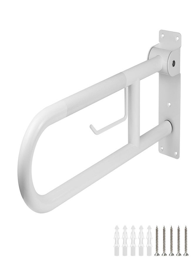 Rackickyer Handicap Grab Bar, 23.6 Inch Stainless Steel Toilet Safety Rails, White Disabled Flip-Up Bathroom Grab Bars with Paper Holder, Anti-Slip Toilet Handrails Hand Grips Grab Bars for Elderly - Image 1