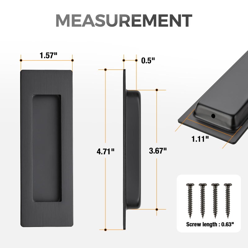 JOY DECOR 2 Pack 4.72" Pocket Door Handles + 1 Finger Edge Pull, Black Recessed Flush Rectangular Stainless Steel Hardware Set for Sliding Doors & Cabinets - Image 2
