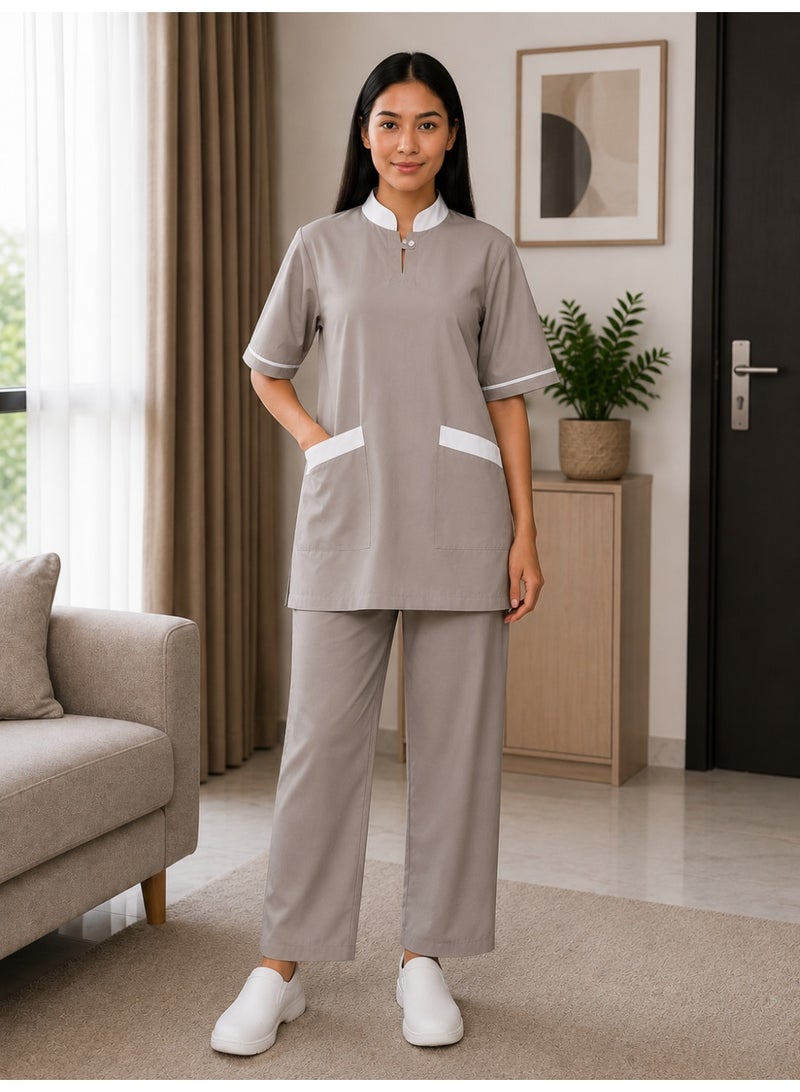 Domestic Worker Uniform Set – Greige & White | Elegant Daily Work Uniform