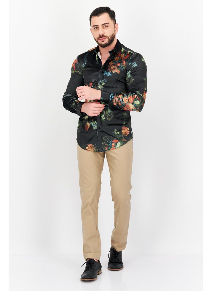 Asos Design - Men Skinny Fit Floral Print Long Sleeves Casual Shirt, Black/Green Combo - Image 1