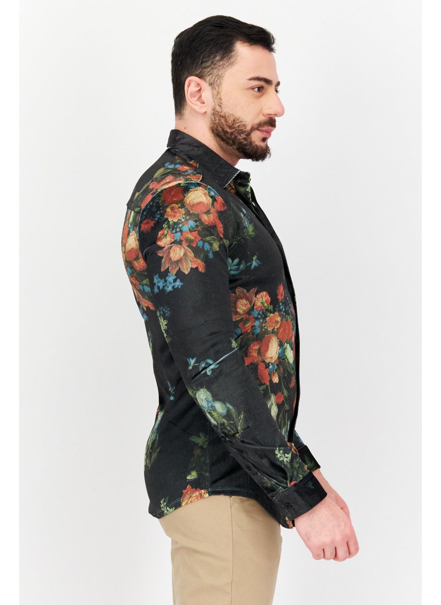 Asos Design - Men Skinny Fit Floral Print Long Sleeves Casual Shirt, Black/Green Combo - Image 1