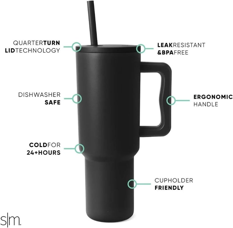 40 Oz Insulated Mug With Handle And Flip Top Straw Reusable Stainless Steel Bottle Gift，Compatible For Women And Men(Midnight Black) - Image 4