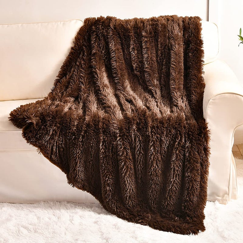 YUSOKI Long Faux Fur Throw Blanket for Sofa Couch,2 Layers,2.1lb,All Ages,Home Decoration, (Brown,50" x 60") - Image 1