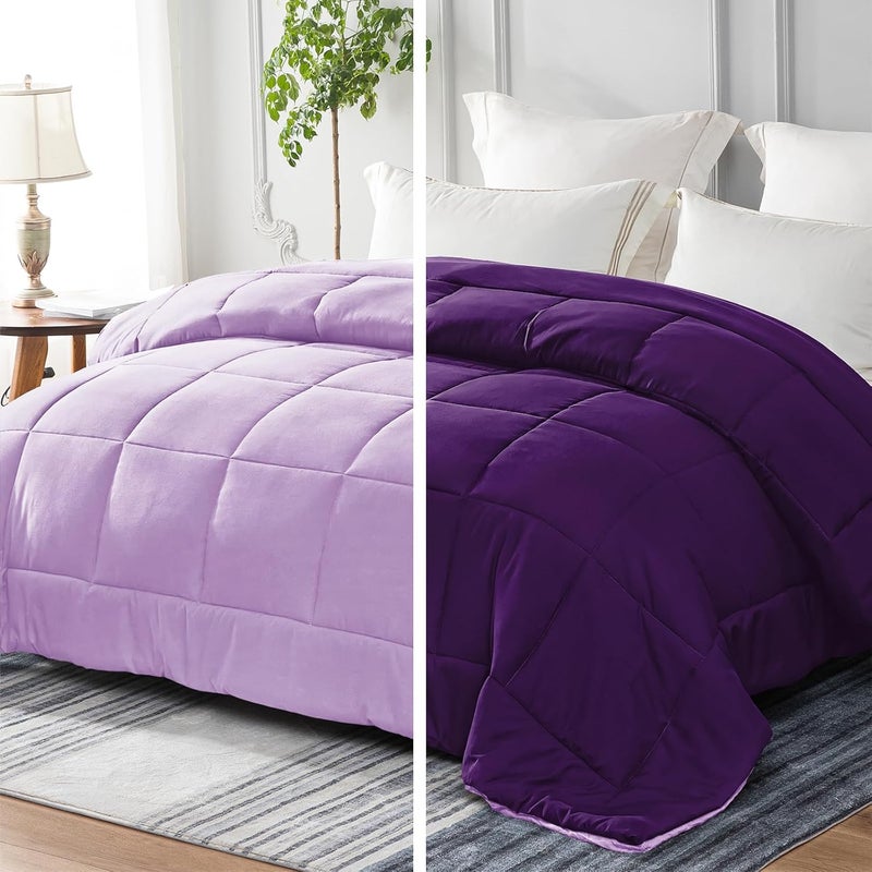 Reversible Duvet Double Size for All Seasons, 7.5 Tog Down Alternative Box Sitiched Duvets, Lightweight and Machine Washable Comforter, 200X200 cm, Dark Purple,Lilac - Image 1