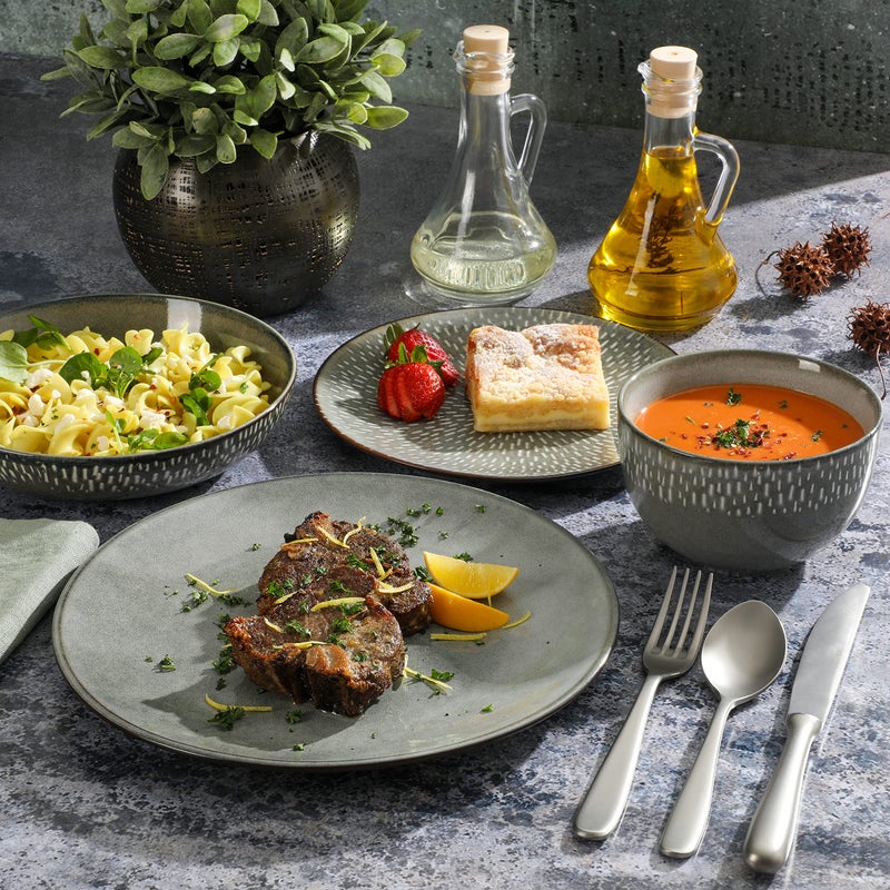 Gibson Elite Matisse 16-Piece Double Bowl Dinnerware Set, Service for 4 â€“ Green Stoneware Plates and Bowls - Image 3