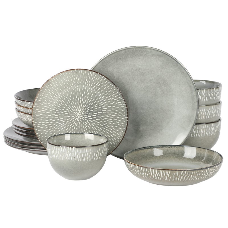 Gibson Elite Matisse 16-Piece Double Bowl Dinnerware Set, Service for 4 â€“ Green Stoneware Plates and Bowls - Image 1