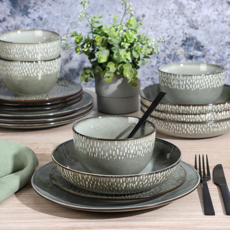 Gibson Elite Matisse 16-Piece Double Bowl Dinnerware Set, Service for 4 â€“ Green Stoneware Plates and Bowls - Image 2