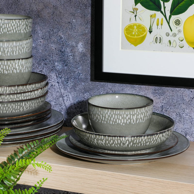Gibson Elite Matisse 16-Piece Double Bowl Dinnerware Set, Service for 4 â€“ Green Stoneware Plates and Bowls - Image 4
