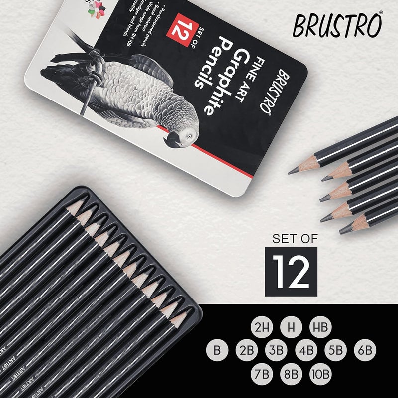 BRUSTRO مجموعة أقلام الجرافيت للفنانين 12 (10B-2H) مع علبة أنيقة من الصفيح - Image 5
