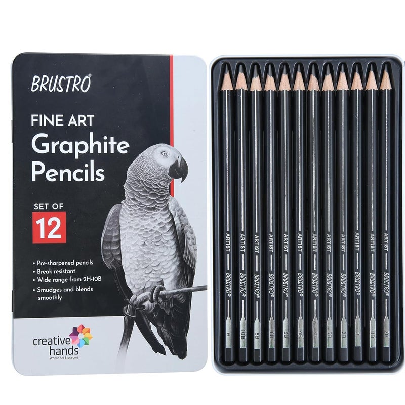 BRUSTRO مجموعة أقلام الجرافيت للفنانين 12 (10B-2H) مع علبة أنيقة من الصفيح - Image 1