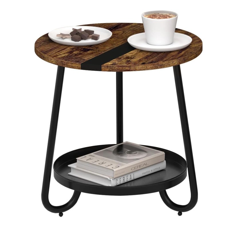MOFAIN 2 Tier Coffee Table in Living Room, Industrial Style Round Coffee Table with Metal Tray, Wood Small Outdoor Coffee Table for Bedroom Balcony Patio, Rustic Brown - Image 1