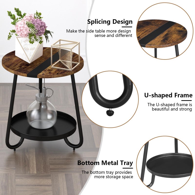 MOFAIN 2 Tier Coffee Table in Living Room, Industrial Style Round Coffee Table with Metal Tray, Wood Small Outdoor Coffee Table for Bedroom Balcony Patio, Rustic Brown - Image 5