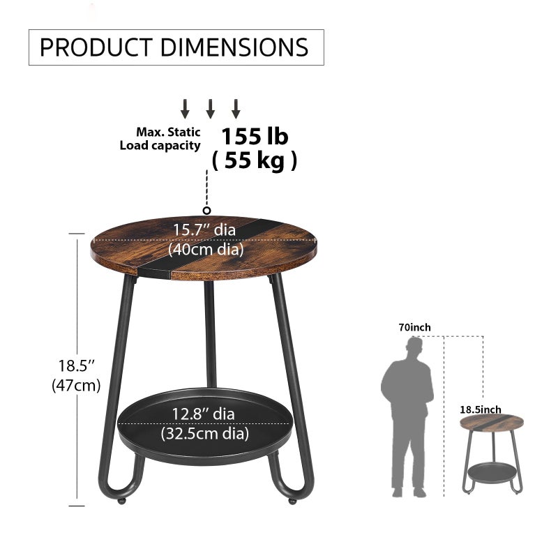 MOFAIN 2 Tier Coffee Table in Living Room, Industrial Style Round Coffee Table with Metal Tray, Wood Small Outdoor Coffee Table for Bedroom Balcony Patio, Rustic Brown - Image 3