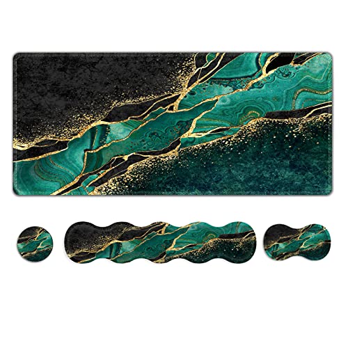 ARTSO Extended Gaming Mouse Pad, Keyboard Wrist Rest Pad, Wrist Support Mousepad Set, Artso Large Stable Rubber Base Stitched Edges Desk Pad (35 x15.5 in) for Work, Game, Office, Home, Emerald Marble - Image 1