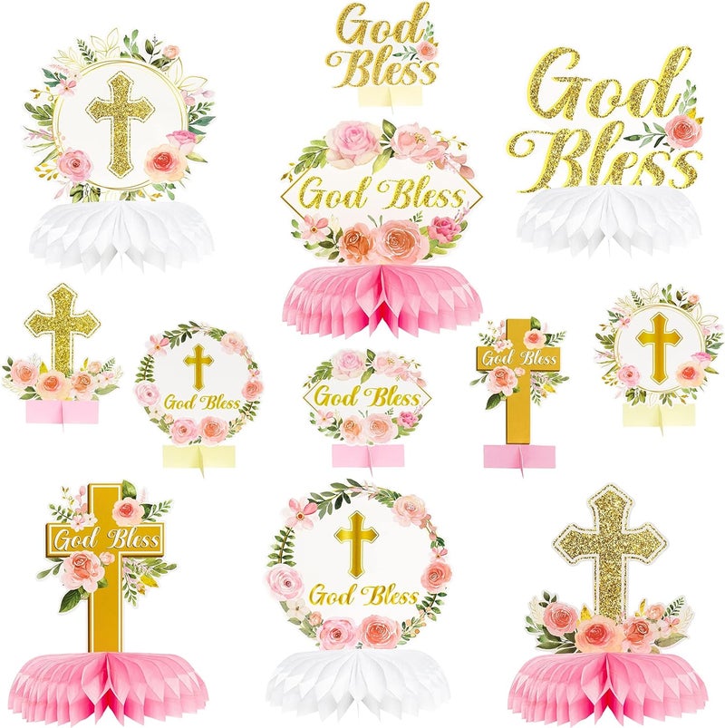 ANGOLIO 12Pcs Floral God Bless Decorations for First Communion and Baptism - Image 1