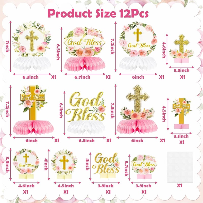 ANGOLIO 12Pcs Floral God Bless Decorations for First Communion and Baptism - Image 2