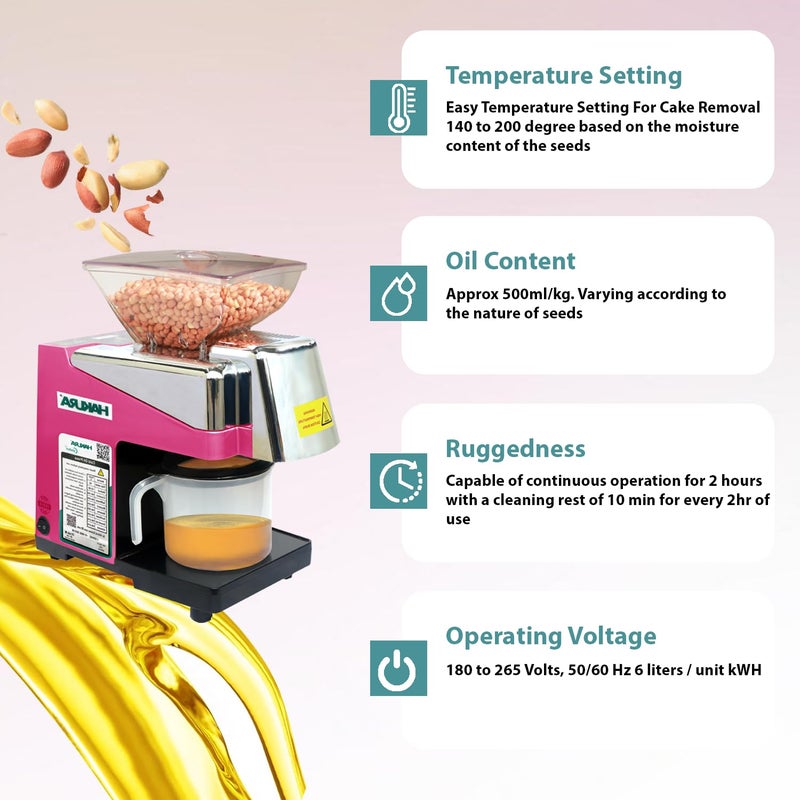 HAKURA HAKURA H2O2B Comfort Oil Extractor Oil Maker Press Machine For Home 560 Watts Pink  - Image 3