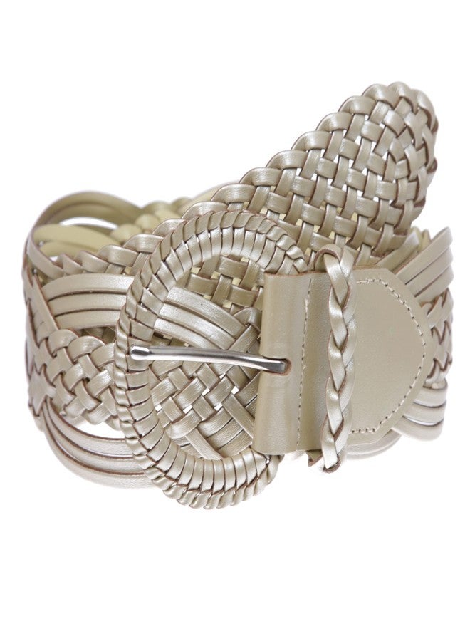 Beltiscool 2" (50 mm) Genuine Leather Braided Woven Belt, Matt Gold | S/M - Image 1