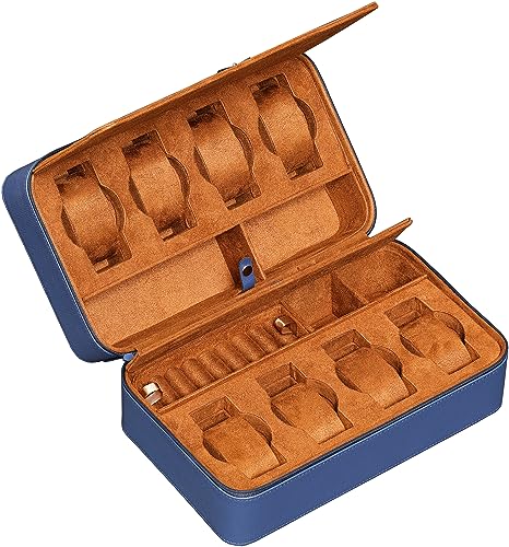 ROTHWELL 8 Watch Travel Case Storage Organizer for 8 Watches, Sunglasses, Rings & Cufflinks |Tough Portable Protection with Zipper Fits Most Wristwatches & Smart Watches Up to 50mm (Blue/Tan) - Image 1