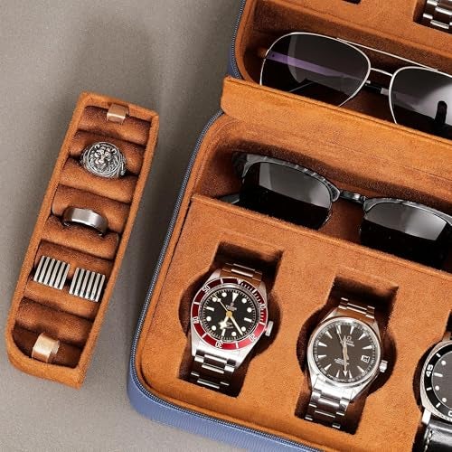 ROTHWELL 8 Watch Travel Case Storage Organizer for 8 Watches, Sunglasses, Rings & Cufflinks |Tough Portable Protection with Zipper Fits Most Wristwatches & Smart Watches Up to 50mm (Blue/Tan) - Image 4