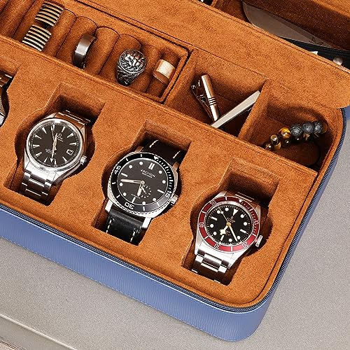 ROTHWELL 8 Watch Travel Case Storage Organizer for 8 Watches, Sunglasses, Rings & Cufflinks |Tough Portable Protection with Zipper Fits Most Wristwatches & Smart Watches Up to 50mm (Blue/Tan) - Image 5