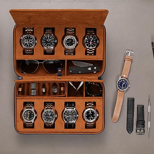 ROTHWELL 8 Watch Travel Case Storage Organizer for 8 Watches, Sunglasses, Rings & Cufflinks |Tough Portable Protection with Zipper Fits Most Wristwatches & Smart Watches Up to 50mm (Blue/Tan) - Image 2
