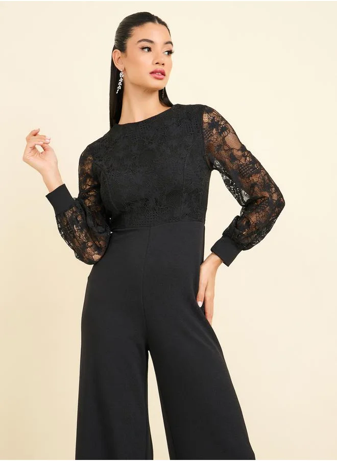 ستايلي Lace Detail Sleeves Wide Leg Jumpsuit