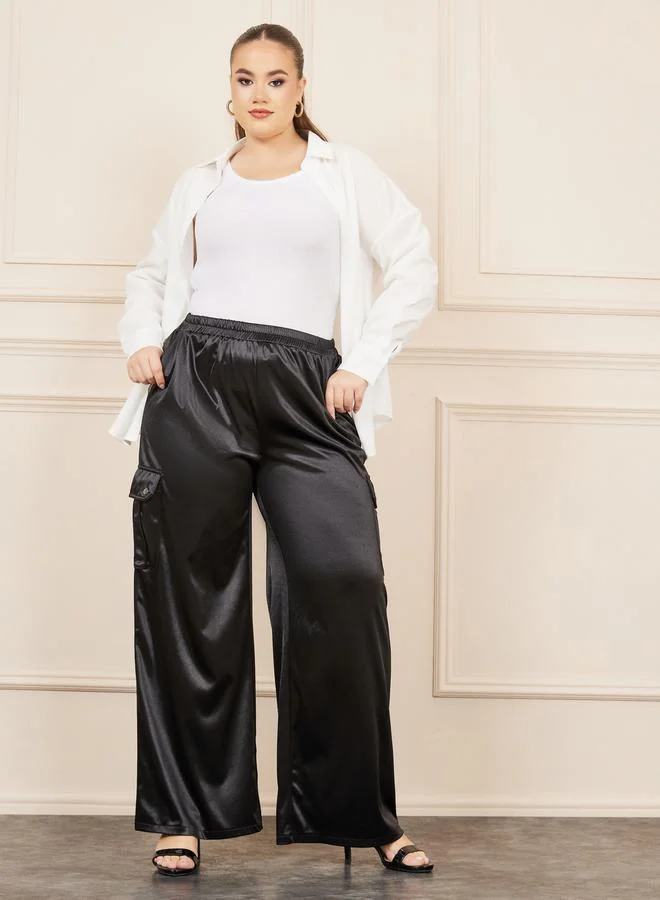 Styli Plus Satin Cargo Wide Leg Pant