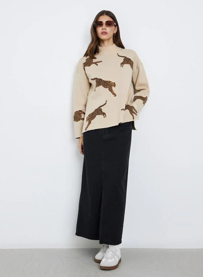 Take Two Take Two Beige Leopard Print Oversized Sweater