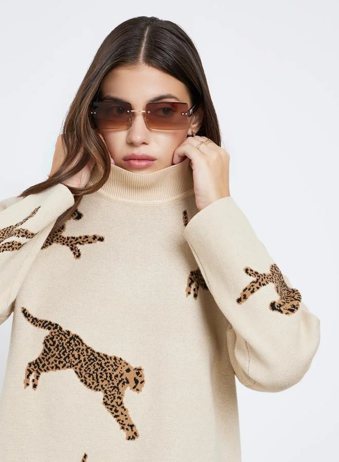 Take Two Take Two Beige Leopard Print Oversized Sweater