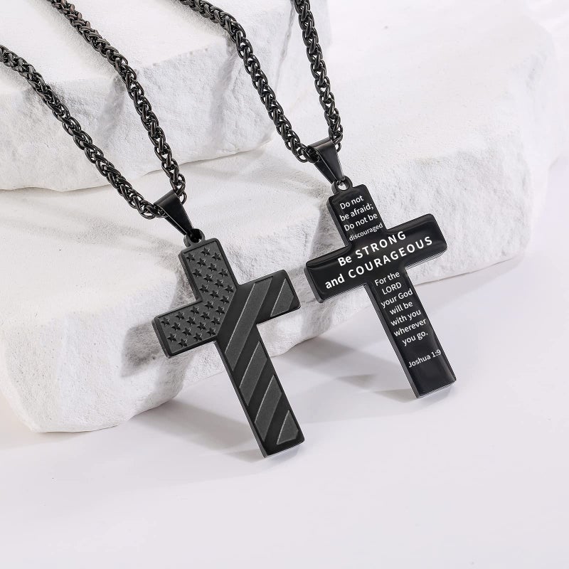 DuoDiner Black Cross Necklace for Men Boys Pendant Chain American Flag Joshua 1:9 Baptism Religious Christian First Communion Confirmation Jewelry Christmas Graduation Gifts Him Teenage Boys Age - Image 4