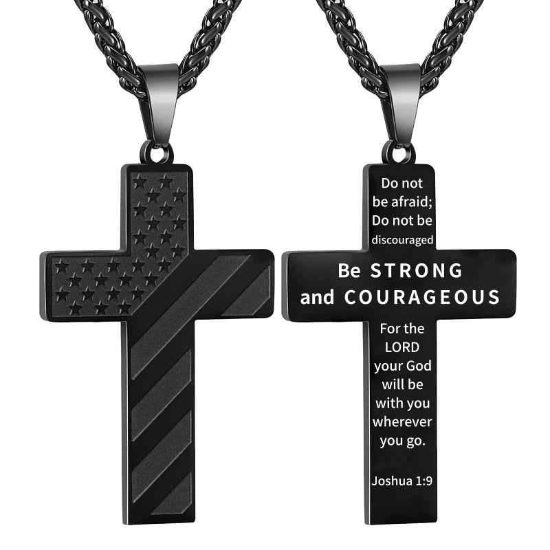DuoDiner Black Cross Necklace for Men Boys Pendant Chain American Flag Joshua 1:9 Baptism Religious Christian First Communion Confirmation Jewelry Christmas Graduation Gifts Him Teenage Boys Age - Image 1