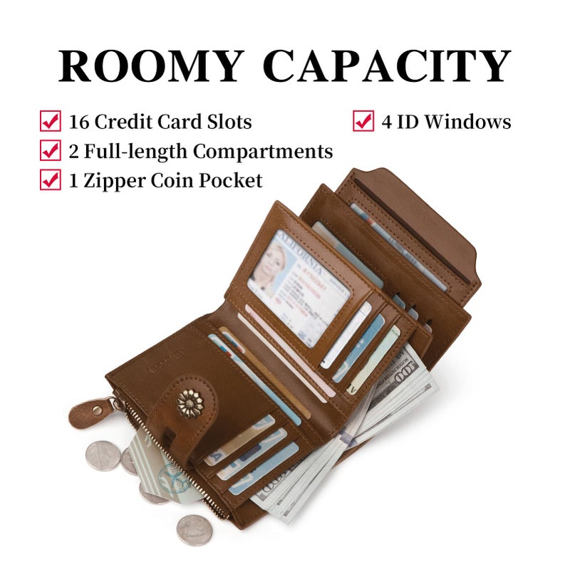 Blucoay Wallet Women,RFID Blocking Leather Womens Wallet Bifold Compact Card Holder Small Wallet for Women with Removable ID Window Darkbrown - Image 3