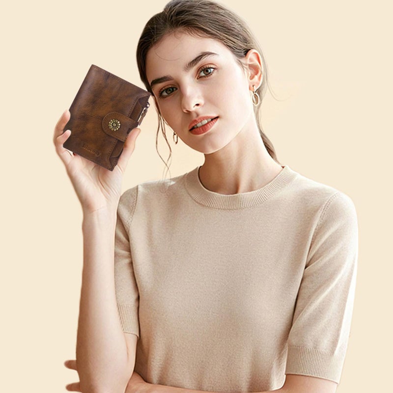 Blucoay Wallet Women,RFID Blocking Leather Womens Wallet Bifold Compact Card Holder Small Wallet for Women with Removable ID Window Darkbrown - Image 2