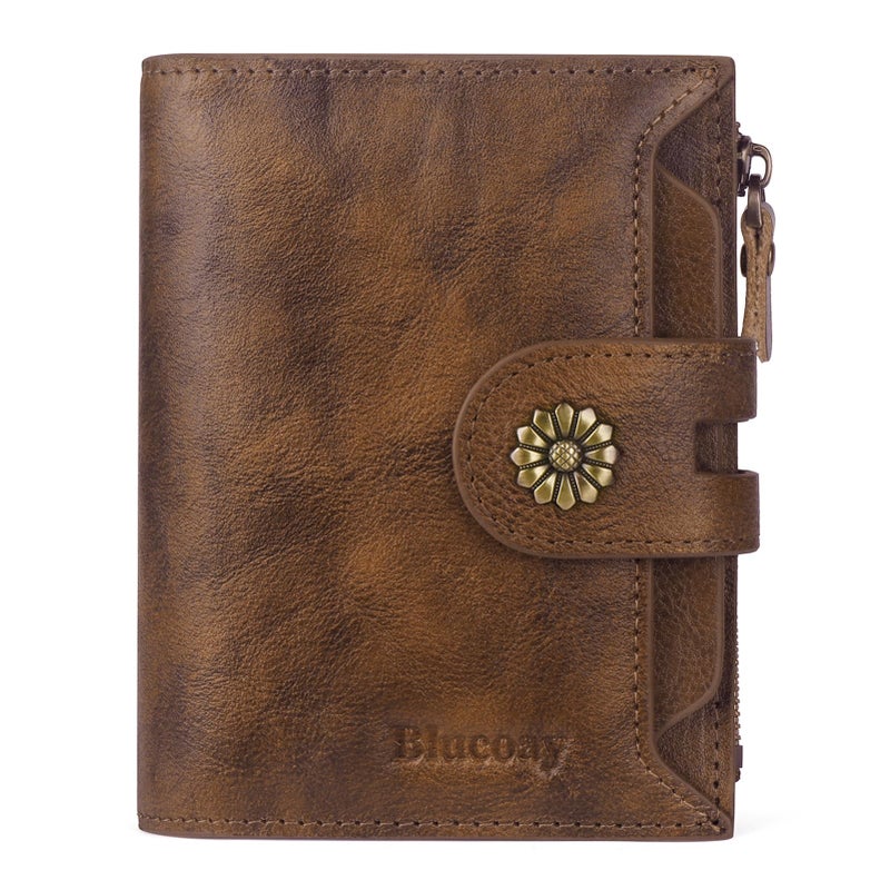 Blucoay Wallet Women,RFID Blocking Leather Womens Wallet Bifold Compact Card Holder Small Wallet for Women with Removable ID Window Darkbrown - Image 1