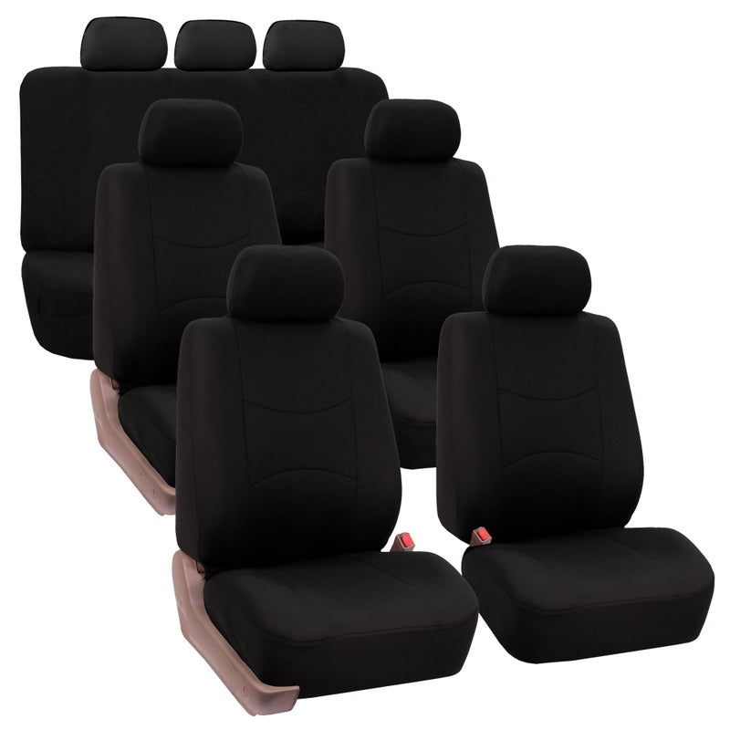 FH Group Flat Cloth Full Set Car Seat Covers Three Row 7 Seater Universal Fit for Cars Trucks SUVs Solid Black