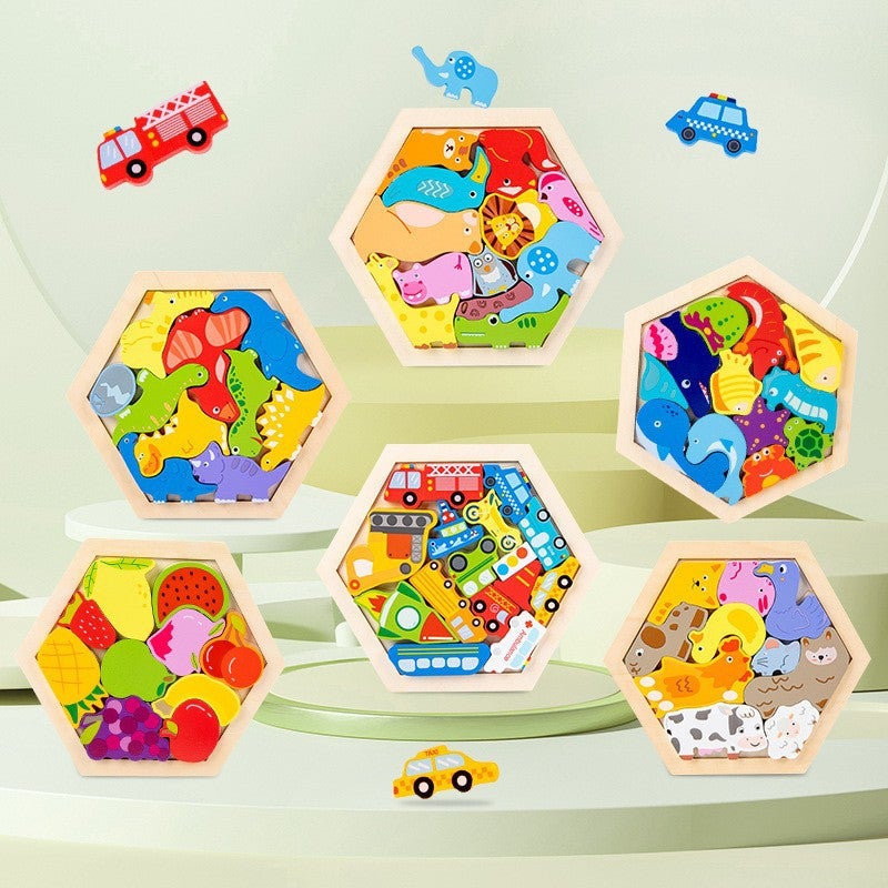 Children'S Cartoon Animal Creative Wooden Three-Dimensional Jigsaw Puzzle Animal Hand-Scratch Puzzle Building Blocks Traffic Puzzle - Image 1