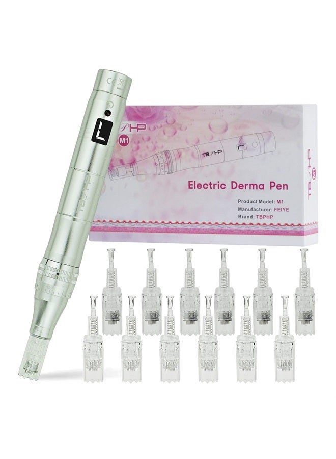 TBPHP M1 Electric Derma Beauty Pen Professional at-Home Kit with 12Pcs Replacement Cartridges (Silver) - Image 1