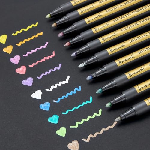 Brusarth Metallic Marker Pens - 10 Colors Medium Point Metallic Markers for Rock Painting,Black Paper,Scrapbooking Crafts, Card Making,DIY Photo Album,Ceramic - Image 1