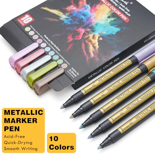 Brusarth Metallic Marker Pens - 10 Colors Medium Point Metallic Markers for Rock Painting,Black Paper,Scrapbooking Crafts, Card Making,DIY Photo Album,Ceramic - Image 2