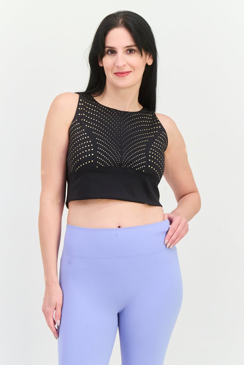 PUMA Women Polka Dots Non Paddded Forever Luxe Sports Bra, Black/Gold - Image 1