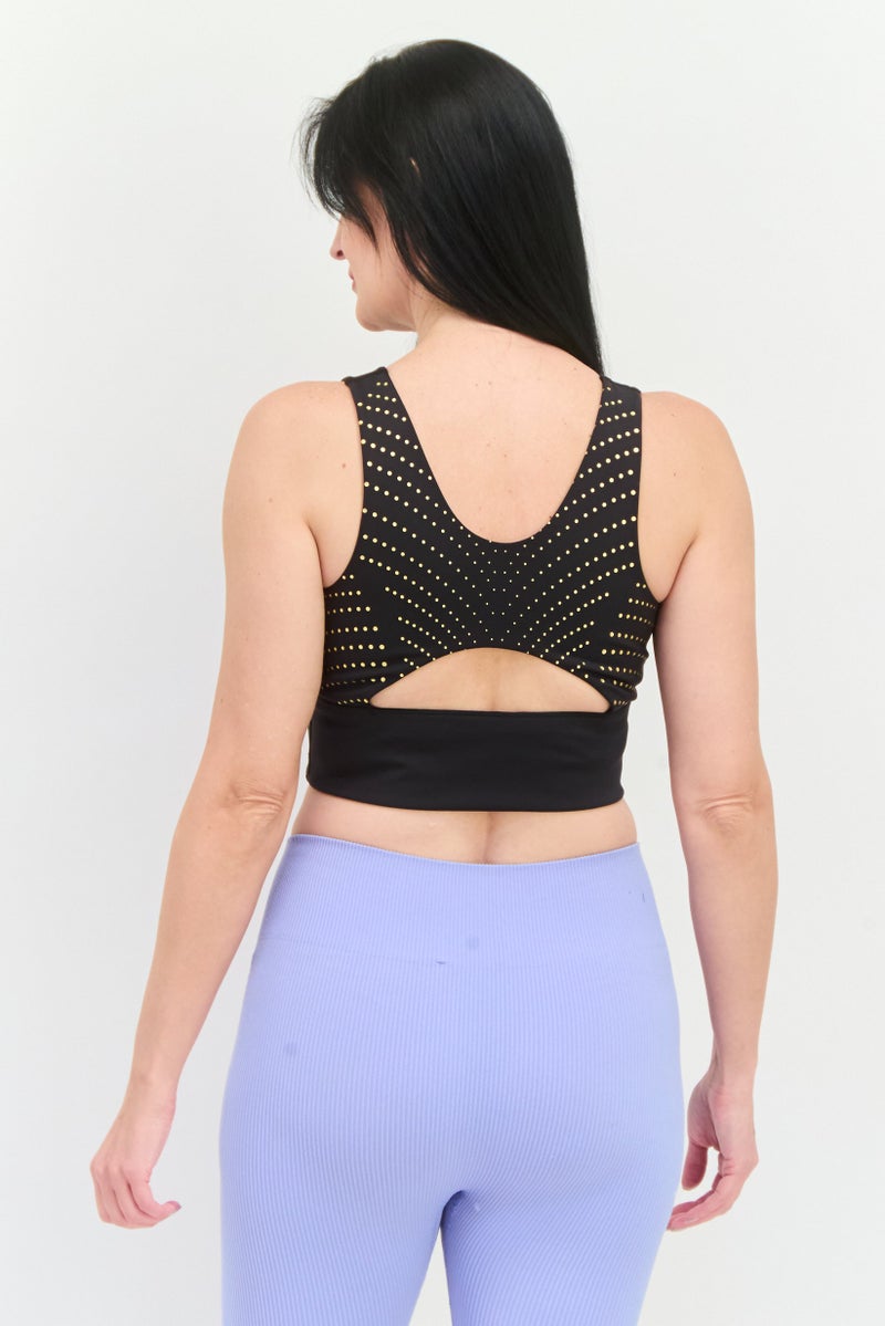 PUMA Women Polka Dots Non Paddded Forever Luxe Sports Bra, Black/Gold - Image 3