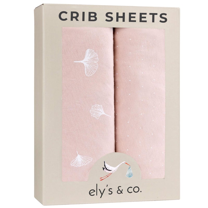 Ely's & Co. Ely’s & Co. Crib Sheet 2-Pack - Combed, 100% Jersey Cotton for Baby Girl - Rosewater Pink, Pin Dots & Gingko Leaves 52” x 28” - Image 1