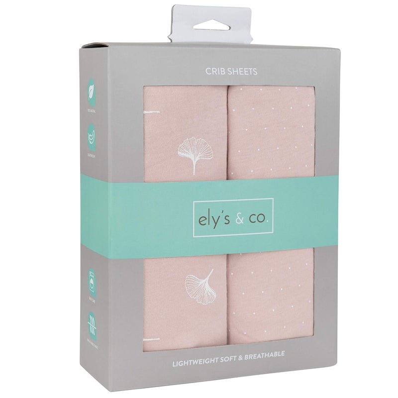 Ely's & Co. Ely’s & Co. Crib Sheet 2-Pack - Combed, 100% Jersey Cotton for Baby Girl - Rosewater Pink, Pin Dots & Gingko Leaves 52” x 28” - Image 3