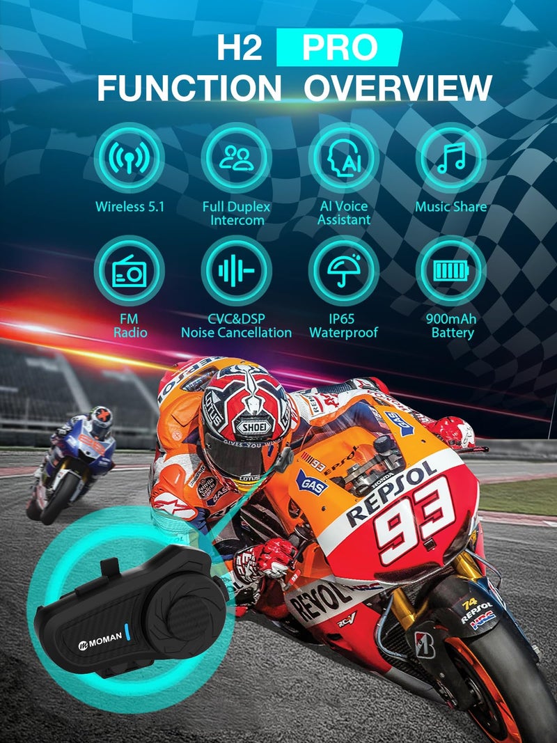 Moman Motorcycle Intercom, H2 Pro【2 Pack Carbon】 Helmet Headset Wireless Communication System to 1000M with DSP&CVC Noise Cancellation IP65 Waterproof FM, Motorcycle-Intercom-Headset-Helmet-Motobike - Image 2