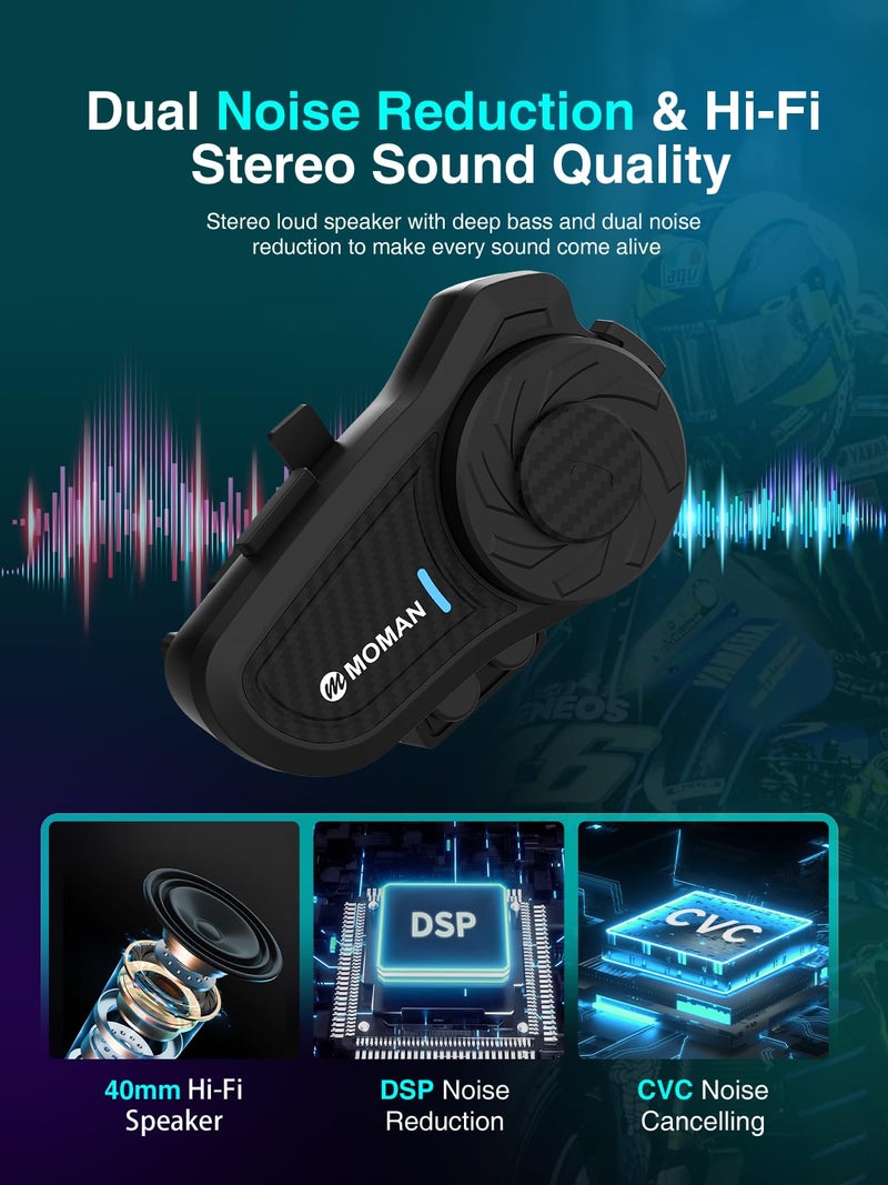 Moman Motorcycle Intercom, H2 Pro【2 Pack Carbon】 Helmet Headset Wireless Communication System to 1000M with DSP&CVC Noise Cancellation IP65 Waterproof FM, Motorcycle-Intercom-Headset-Helmet-Motobike - Image 5