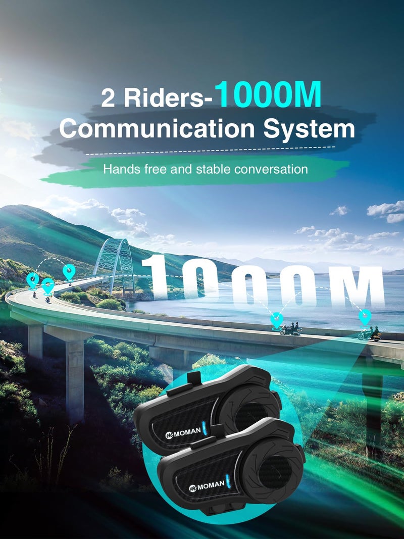 Moman Motorcycle Intercom, H2 Pro【2 Pack Carbon】 Helmet Headset Wireless Communication System to 1000M with DSP&CVC Noise Cancellation IP65 Waterproof FM, Motorcycle-Intercom-Headset-Helmet-Motobike - Image 3